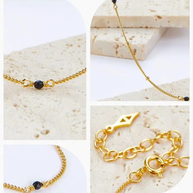 925 Sterling Silver Gold Plated Black Agate Choker Necklace for Women