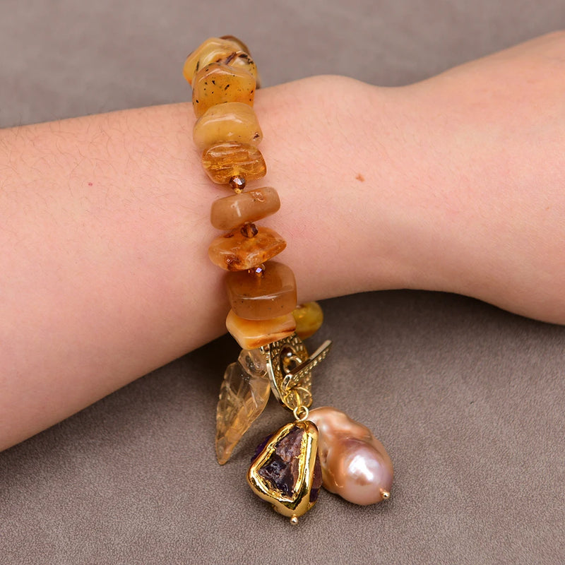 Gold 9'' Natural Mix Color Amber Slice Nugget Strand Bracelet Pink Keshi Pearl Citrine Leaf Charms for Women