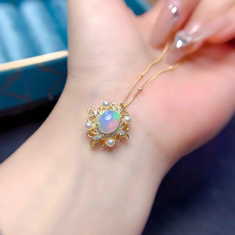 925 Silver Natural Opal Flower Pendant Necklace for Women