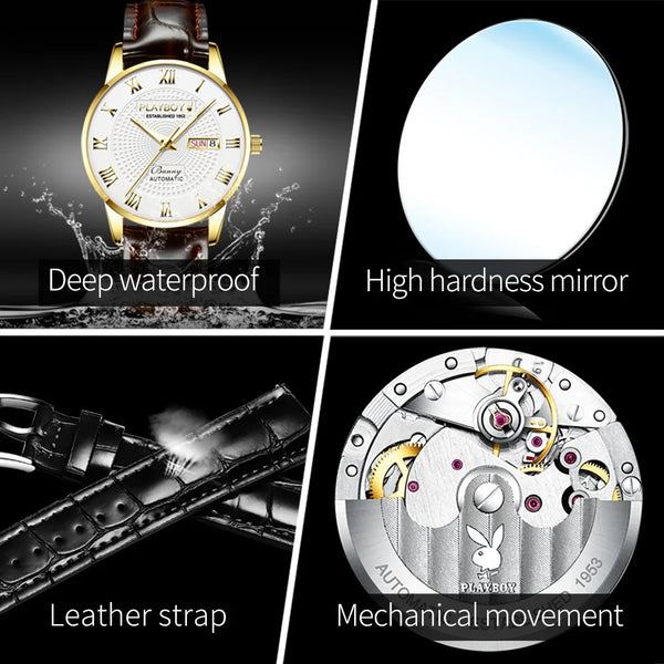 Leather Strap Automatic Mechanical Watch for Men