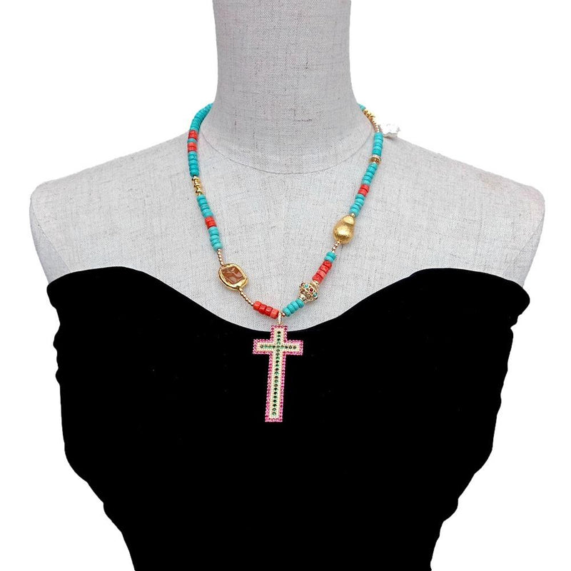 Y.YING Multi Stone Cz Pave Cross Pendant Necklace 19 Gemstone Handmade Fashion Jewelry\"