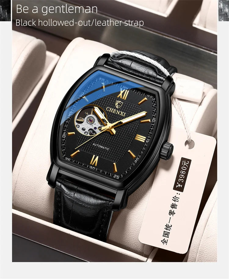 Stainless Steel Fashion Square Hollow Out Mechanical Watch for Men