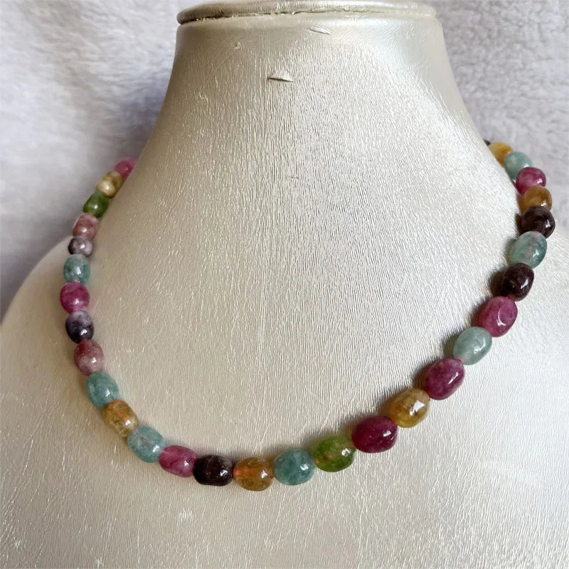 Sterling Silver Natural Stone Nugget Tourmaline Jade Necklace Pink Yellow Green Brown for Women