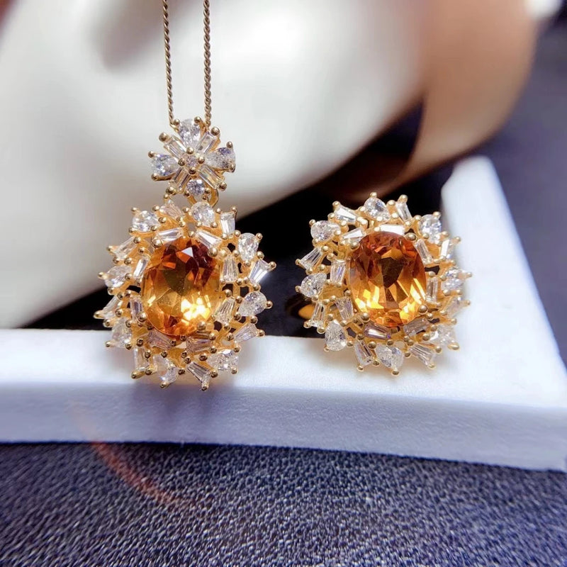 925 Sterling Silver Natural Citrine Flower Jewelry Set for Women