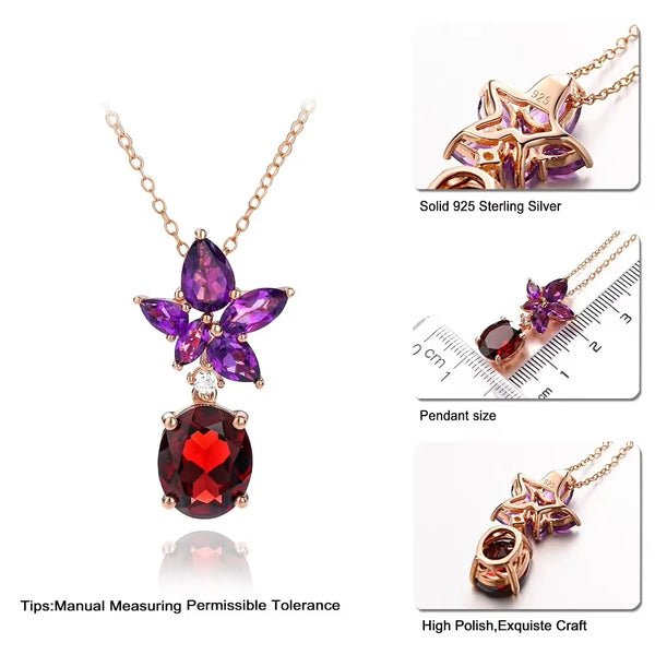 Sterling Silver Amethyst Garnet 5.45ct Stone Flower Pendant for women