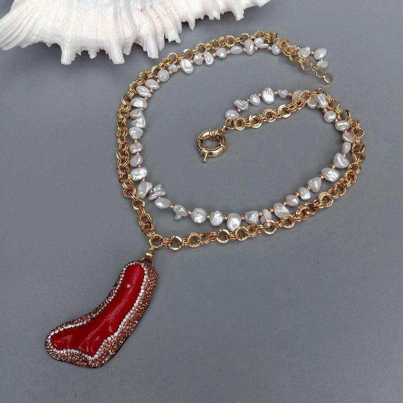 Y.YING Freshwater White Keshi Pearl Gold Plated Chain Choker Necklace Red Coral Branch Crystal Pave Pendant Designer