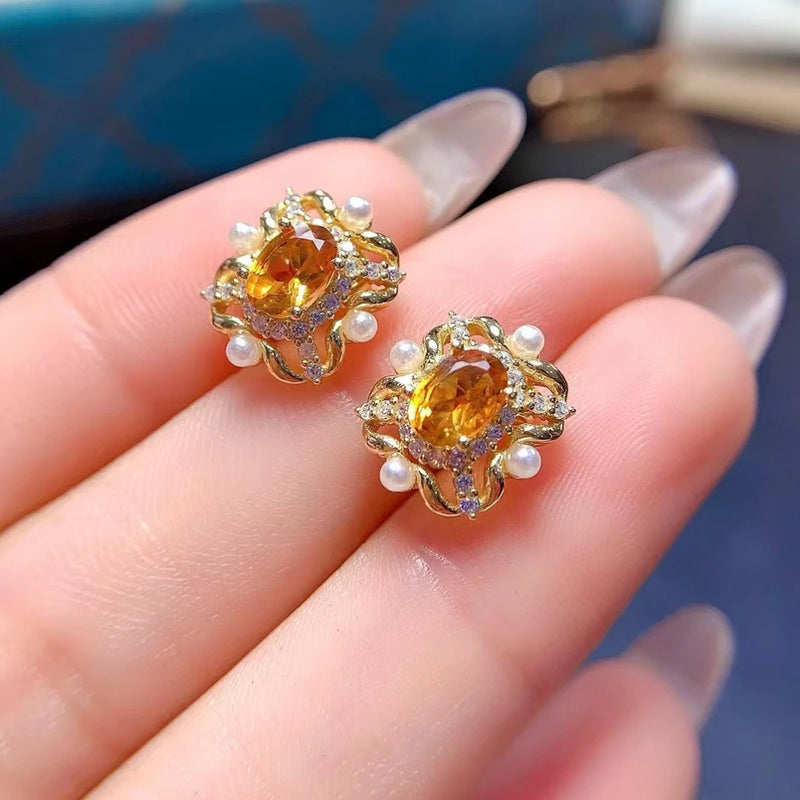 925 Silver Citrine Flower Stud Earrings for Women