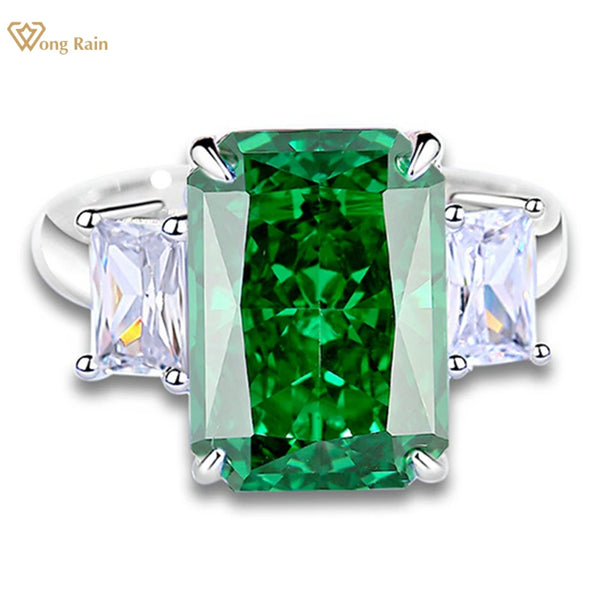 Wong Rain 925 Sterling Silver 8CT Crushed Ice Cut Emerald Aquamarine High Carbon Diamond Gemstone Engagement Ring Fine Jewelry