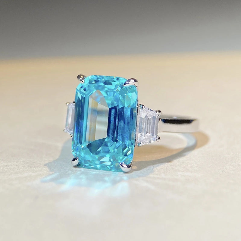 925 Sterling Silver Aquamarine Emerald Cut Ring for Women