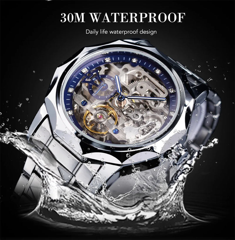 Stainless Steel Skeleton Transparent Automatic Mechanical Watch for Men