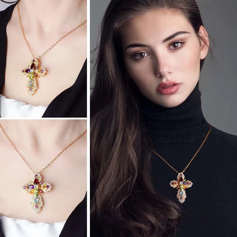 925 Silver Multicolor Gemstone Big Cross Pendant for Women Girls