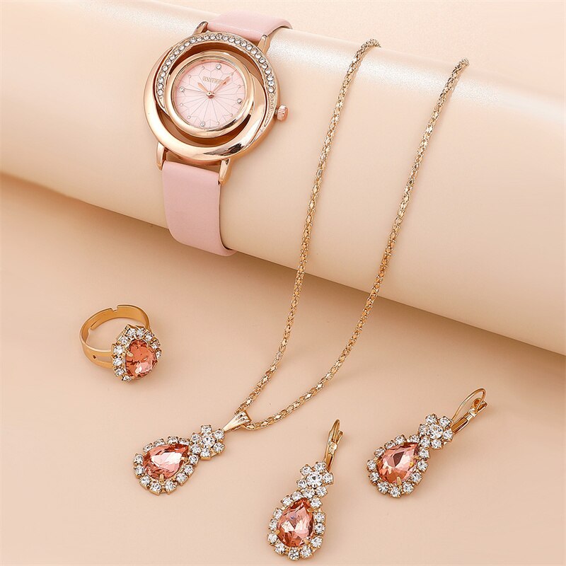 Gold Plated Rhinestone Watch Ring Necklace Earring Set for Women