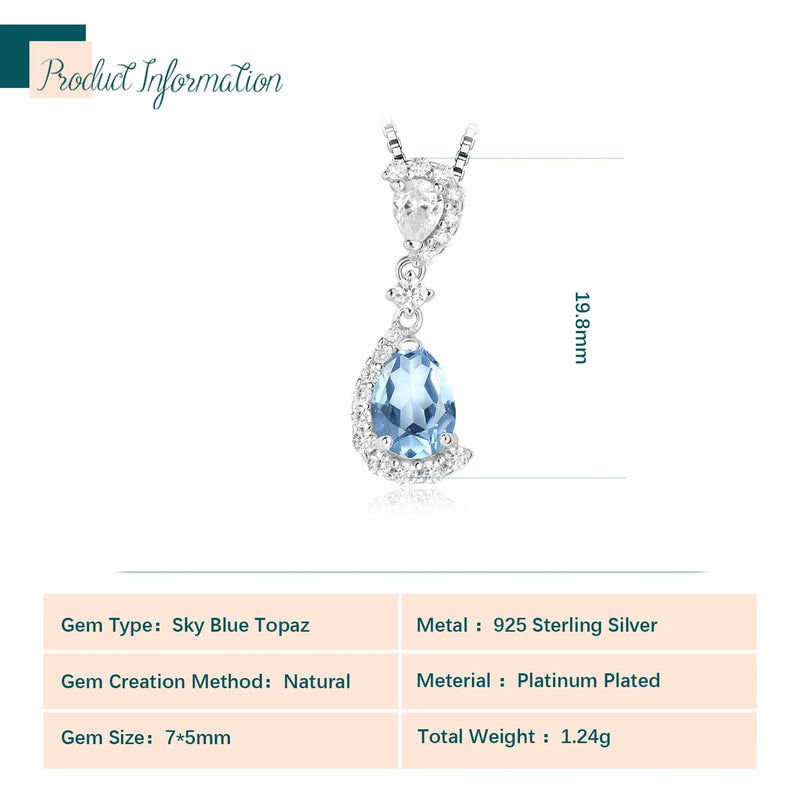 925 Sterling Silver Natural Sky Blue Topaz Pendant Necklace for Women