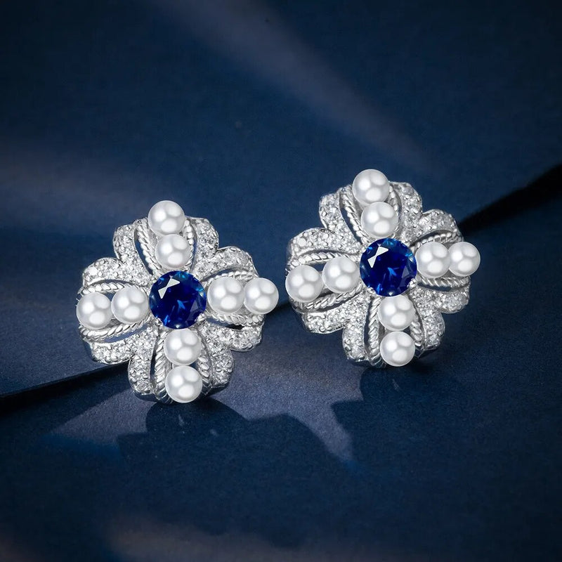 Sterling Silver Sapphire Ruby Pearl Flower Studs Earrings for Women