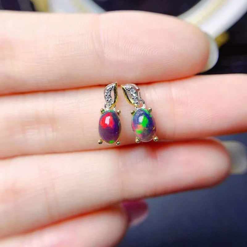 925 Sterling Silver Black Opal Earrings with Fire Colors for Women