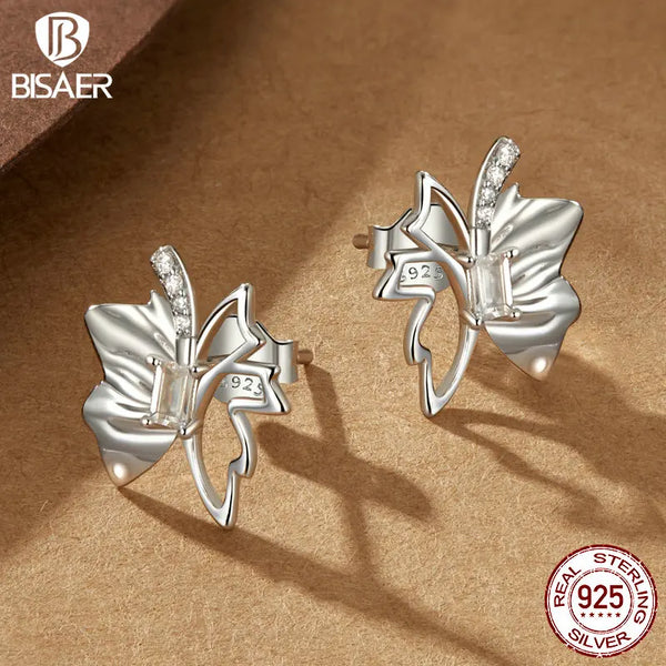 Sterling Silver Autumn Leaf Butterfly Stud Earrings for Women