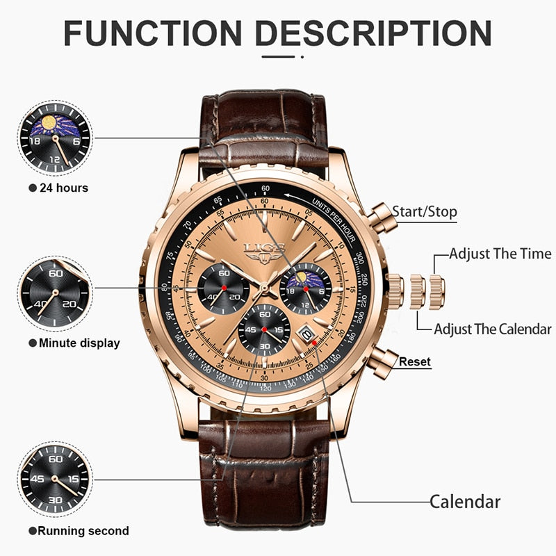 Stainless Steel Leather Quartz Chronograph Watch for Men