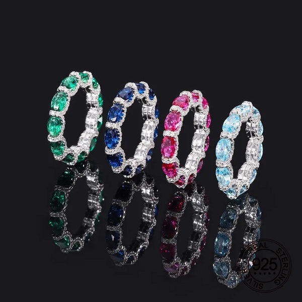 925 Sterling Silver Emerald Aquamarine Ruby Sapphire Zircon Eternity Band Ring for Women