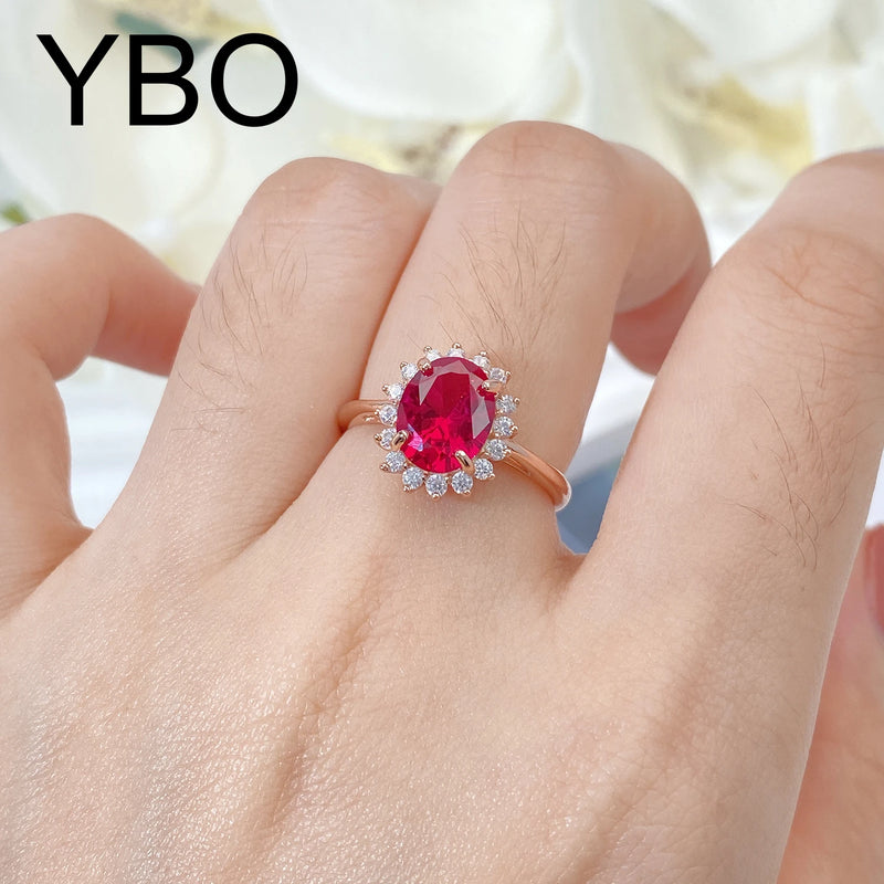 18K Rose Gold Plated Sterling Silver Red Corundum CZ Ring for Women