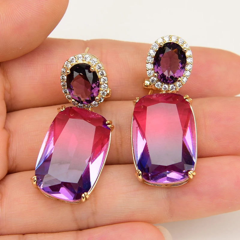 Gold Plated Natural Gradient Red Purple Crystal Rectangle Zircon Stud Earrings for Women