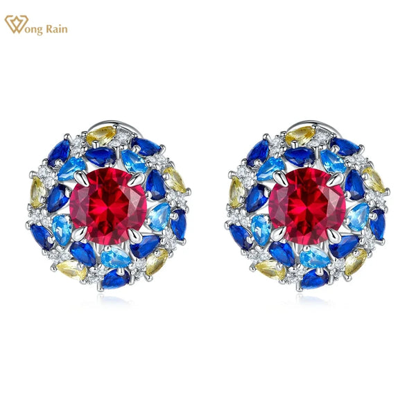 925 Sterling Silver Ruby and Sapphire Stud Earrings.