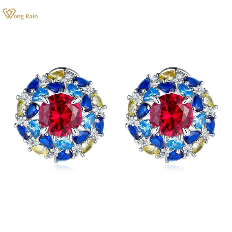 925 Sterling Silver Ruby and Sapphire Stud Earrings.