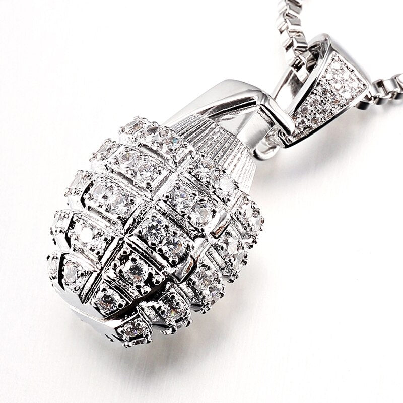 Stainless Steel Cubic Zirconia Grenade Pendant Necklace for Men