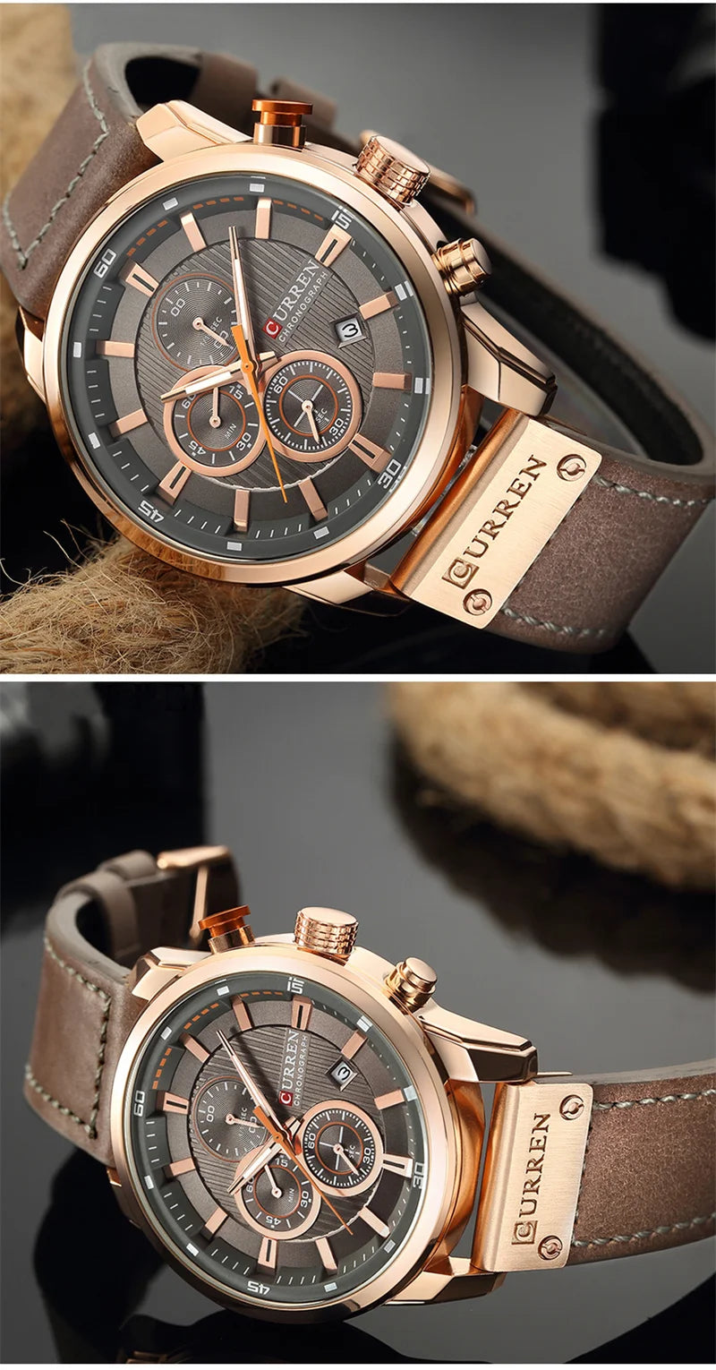 Stainless Steel Brown Leather Chronograph Watch for Men