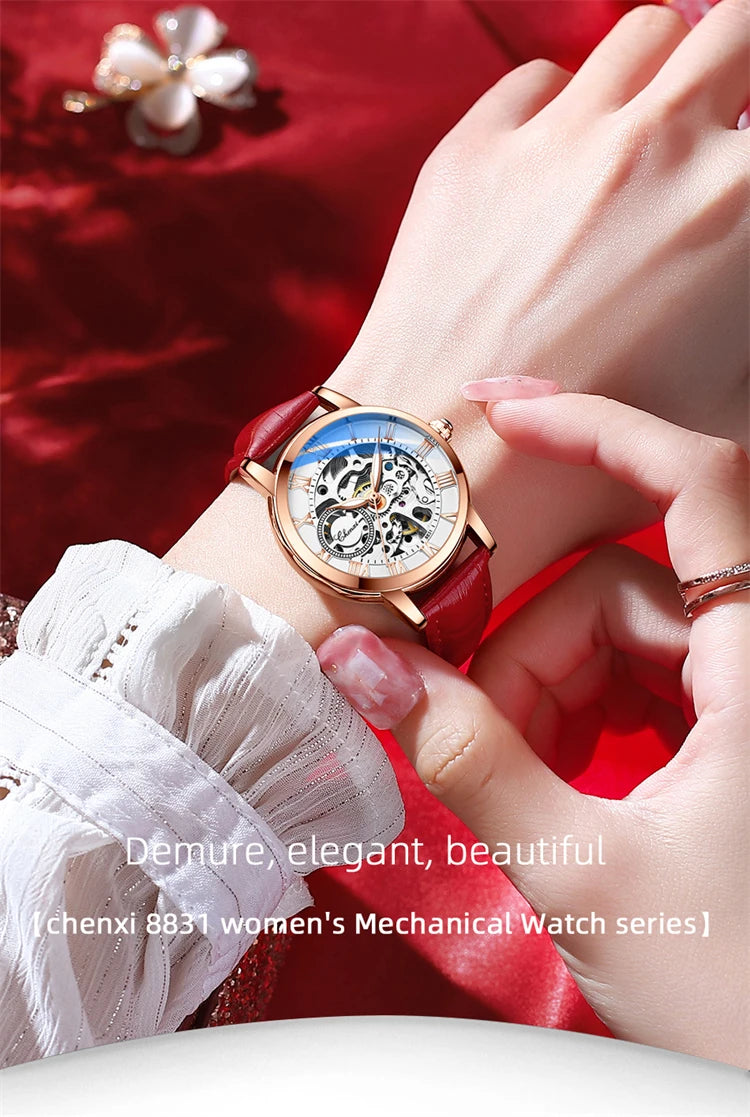 Leather Waterproof Automatic Hollowed Vibrato Watch for Women