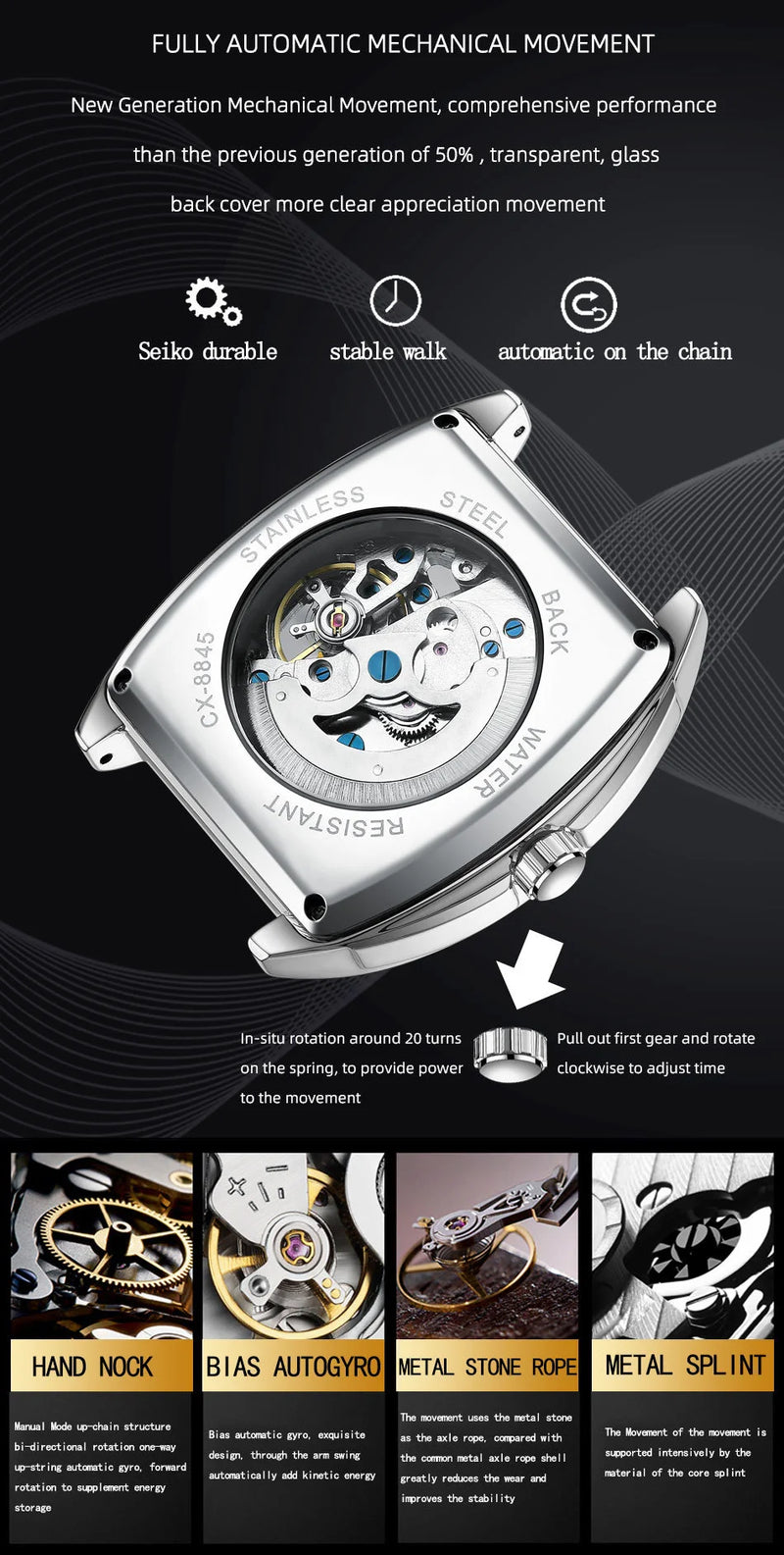 Stainless Steel Leather Barrel Shaped Mechanical Sport Watch for Men