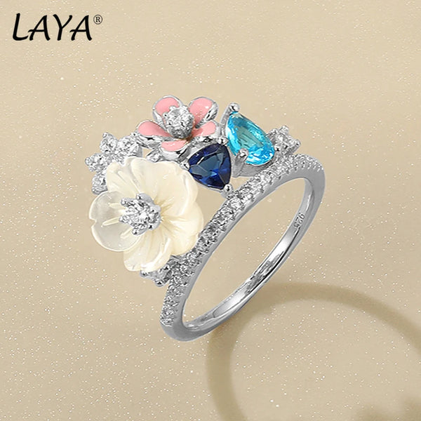 Sterling Silver White Shell Flower Zircon Ring for Women