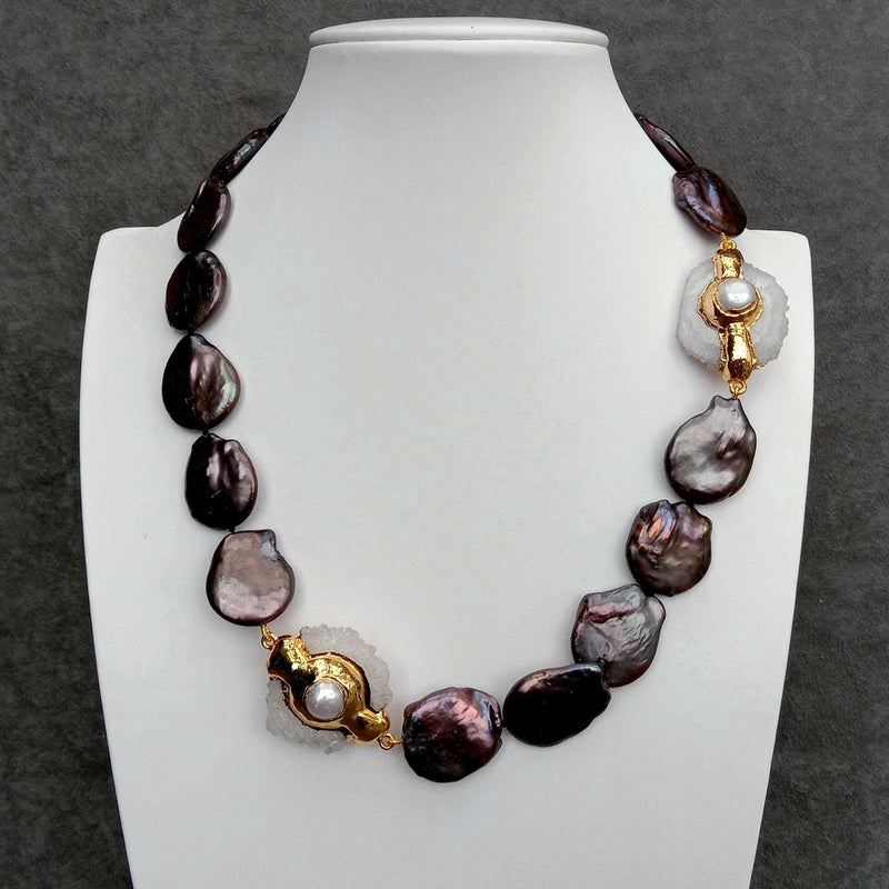 Sterling Silver Cultured Black Keshi Pearl and White Quartz Slice Clasp Necklace for Women