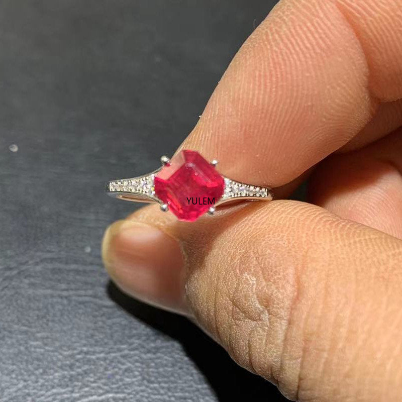 Sterling Silver Natural Ruby Ascher Cut Ring for Woman