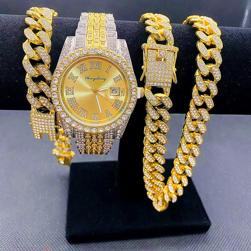 14K Gold Iced Out Watches Men's Cuban Link Chain Bracelet Necklace Set for Men