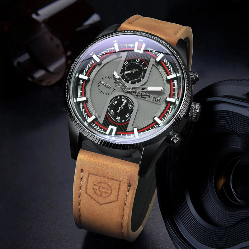 Stainless Steel Leather Strap Mechanical Watch with Date Display and Luminous Hands for Men