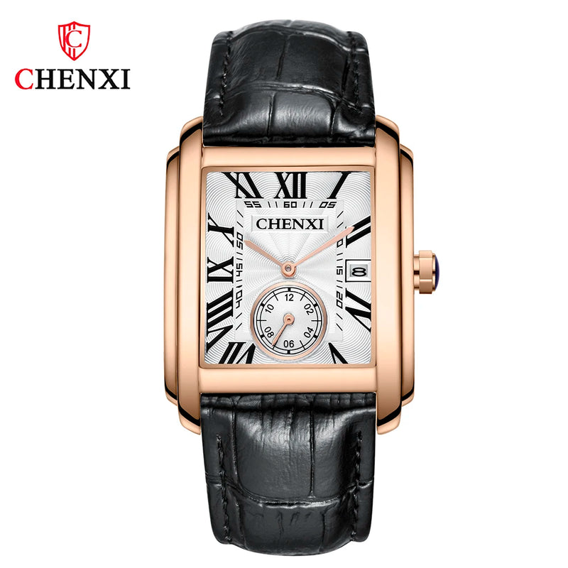 Stainless steel leather strap square dial luminous quartz watch for men.