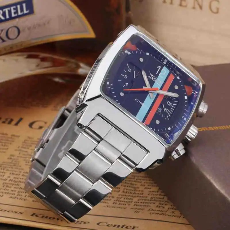 Stainless Steel Square Automatic Mechanical Watch with Date and Week for Men