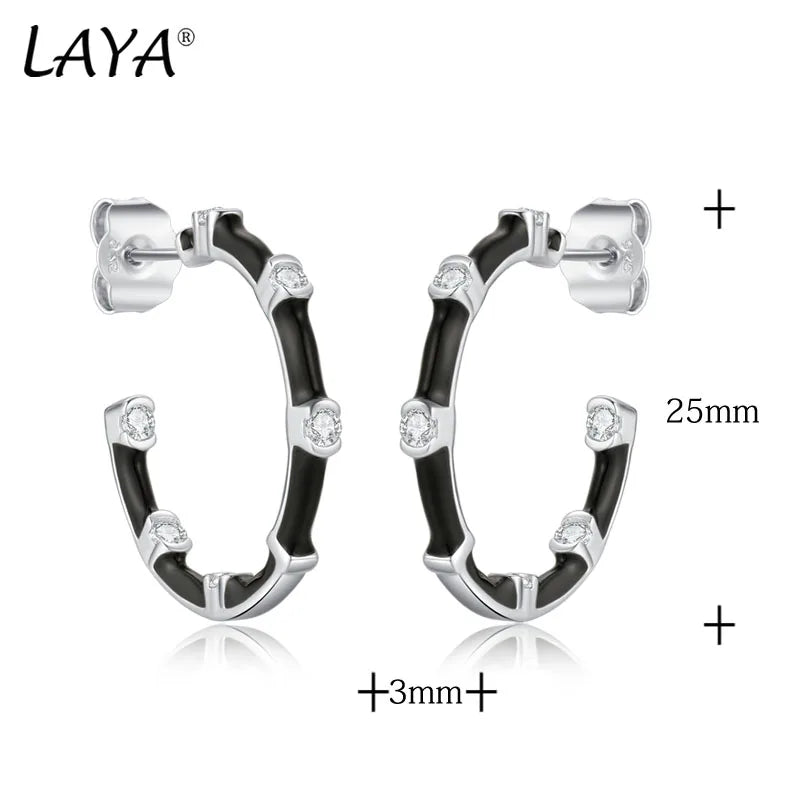 925 Sterling Silver Black Enamel Zircon Hoop Earrings for Women