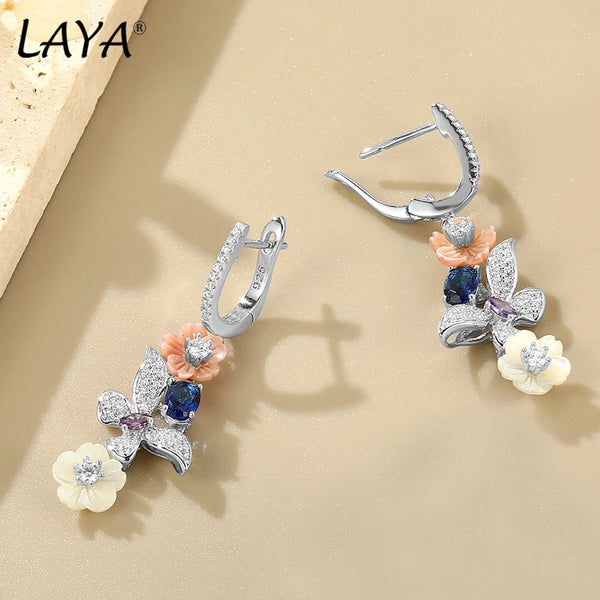 Sterling Silver Pink Shell Flower Zircon Earrings for Women