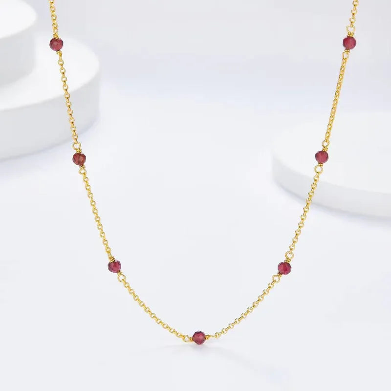 Sterling Silver Garnet Bead Spaced Chain Pendant Necklace For Women