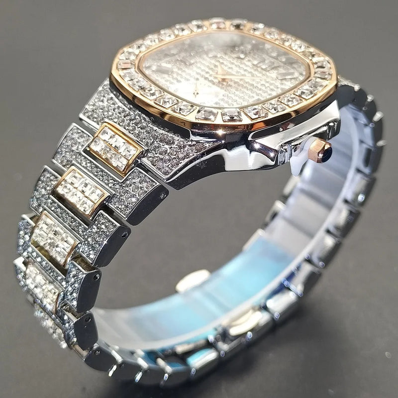 New Top Luxury Brand Watch for Men Big Diamond Crystal Rhinestone Analog Fashion Rose Gold Watches Japan Quartz Wristwatches