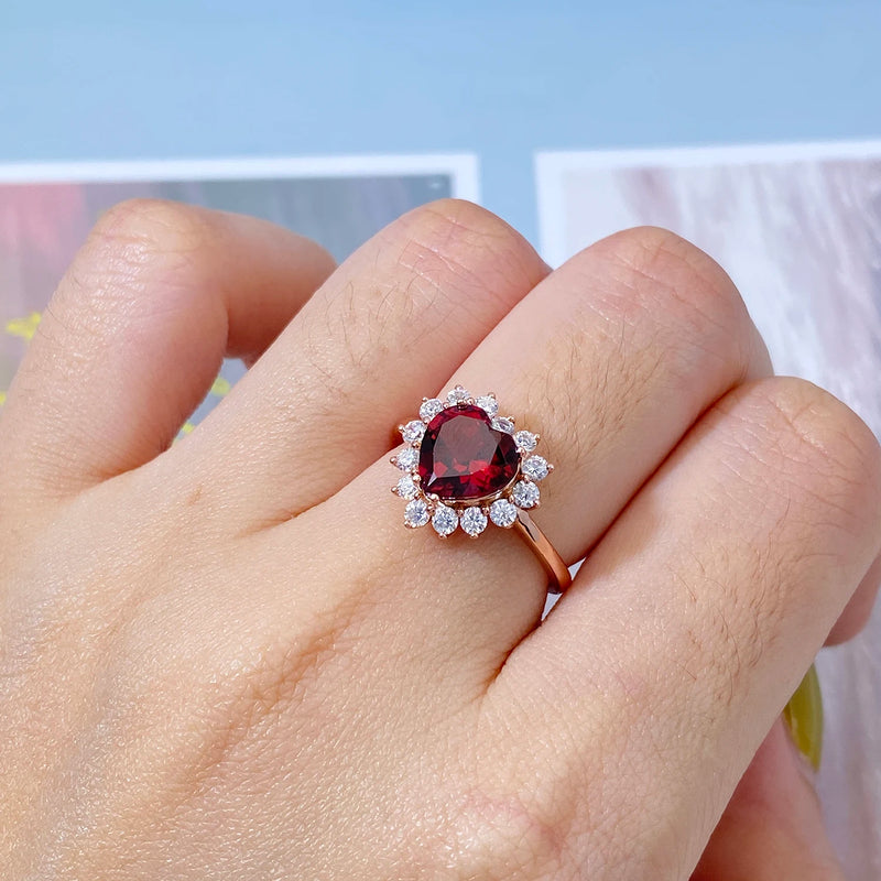 Sterling Silver Natural Red Garnet Heart Ring for Women