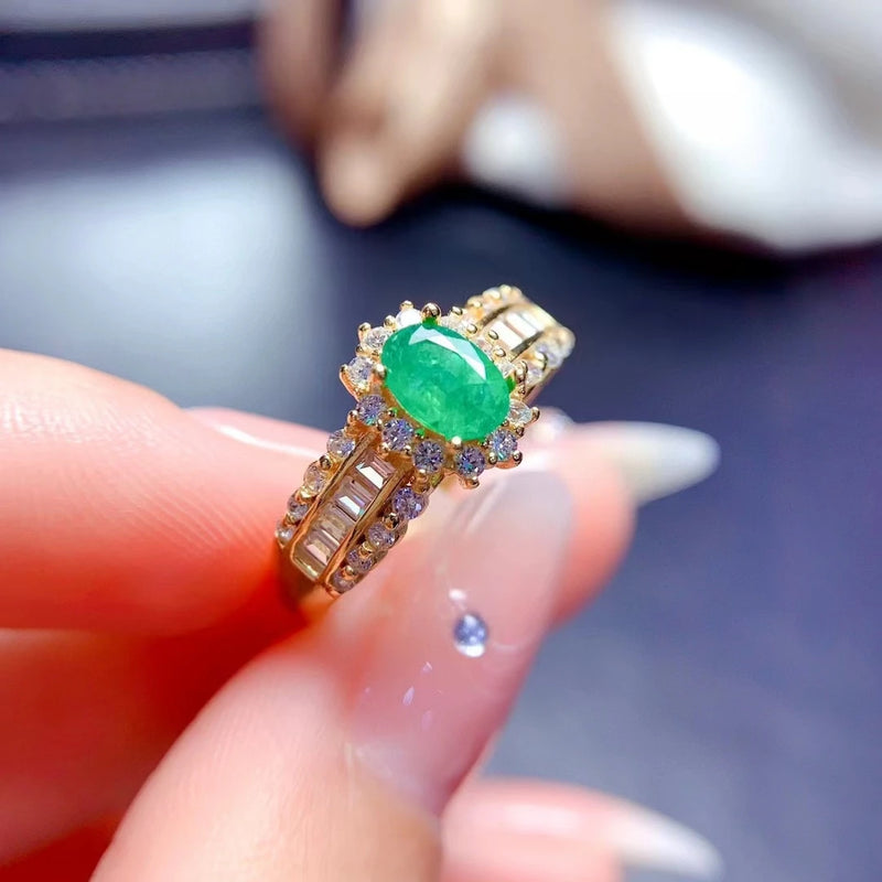 925 Sterling Silver Natural Emerald Ring for Women