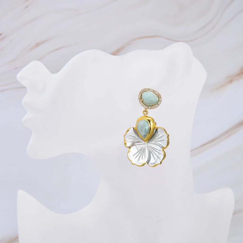 Sterling Silver Natural White Shell Mother of Pearl ~0.25 ctw Carved Flower Amazonite CZ Paved Stud Earrings for Women