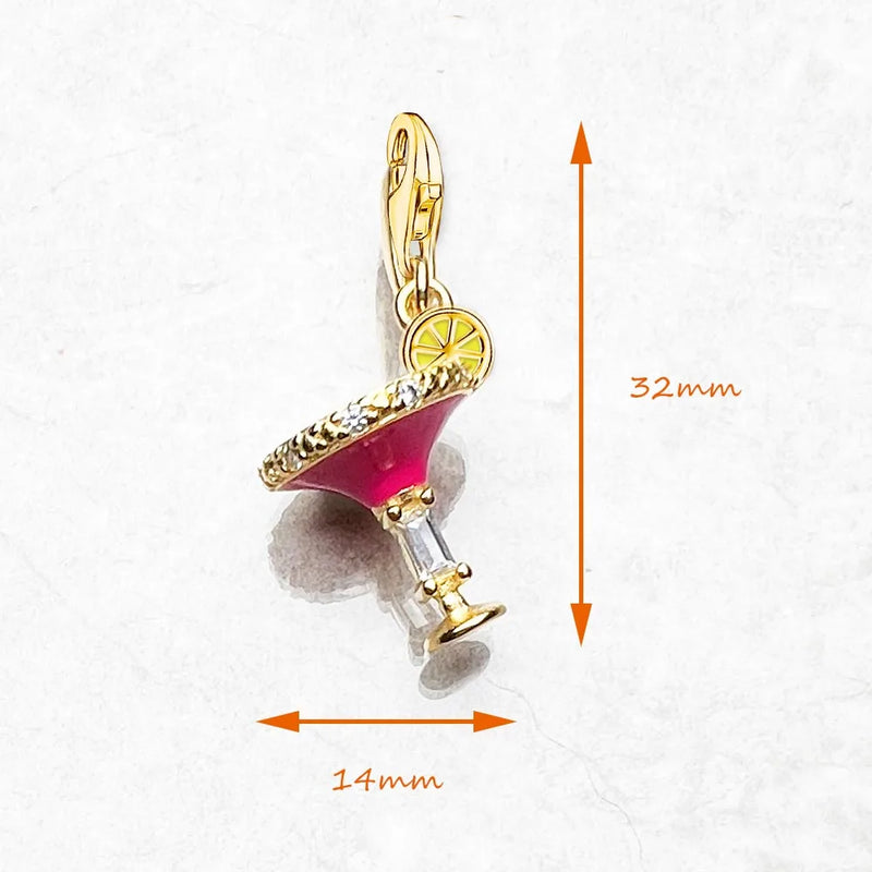 925 Sterling Silver Red Cocktail Glass Gold Plated Charm Pendant for Women