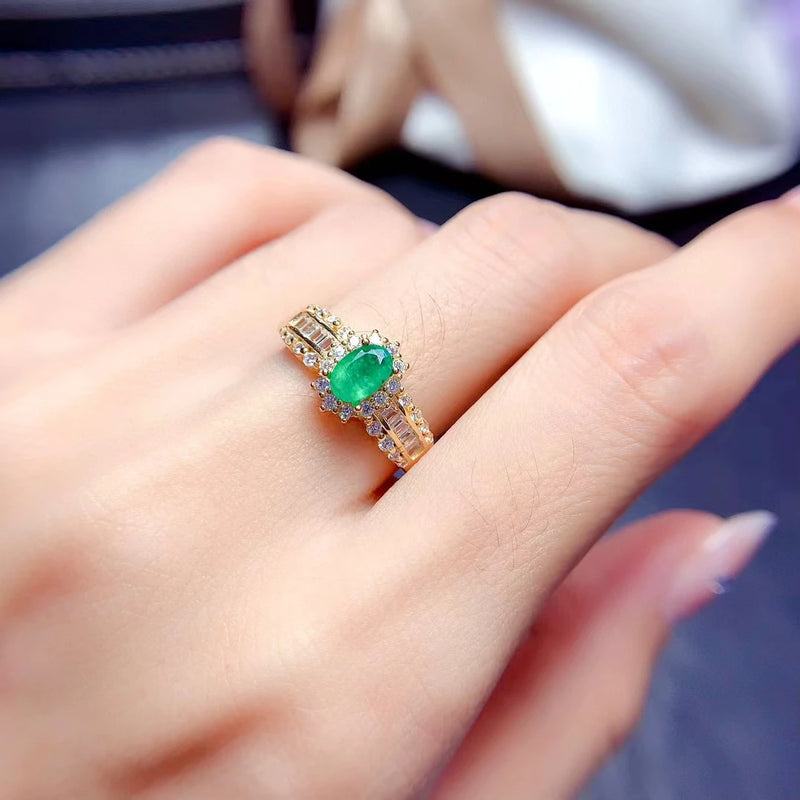 925 Sterling Silver Natural Emerald Ring for Women