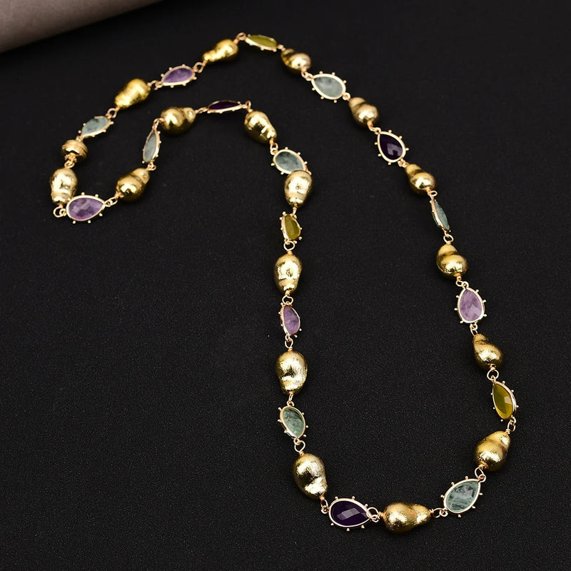 Sterling Silver Natural Fluorite, Lemon Quartz, Amethyst & Jade Long Necklace for Women