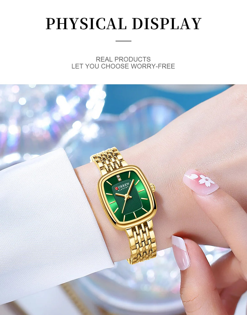 Gold Rectangular Dial Quartz Watch Bracelet for Lady