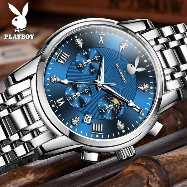 Stainless steel Leather Multifunction Quartz Wrist Watch for Men