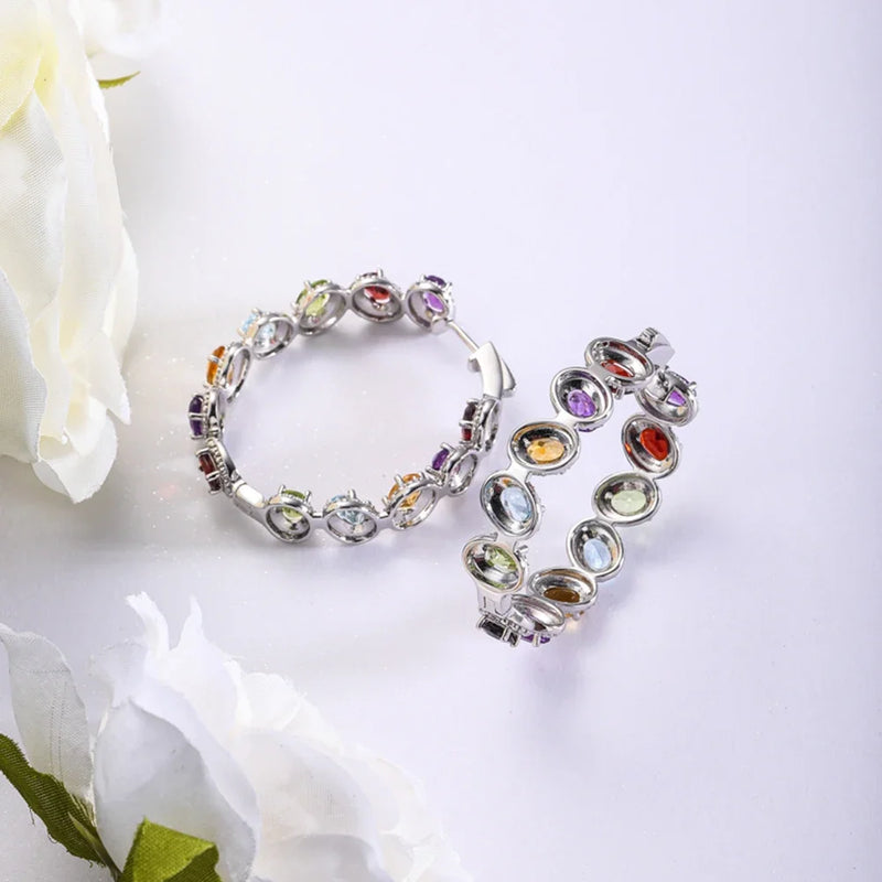 925 Sterling Silver Big Hoop Earrings with Garnet, Peridot, and Amethyst Gemstones for Women